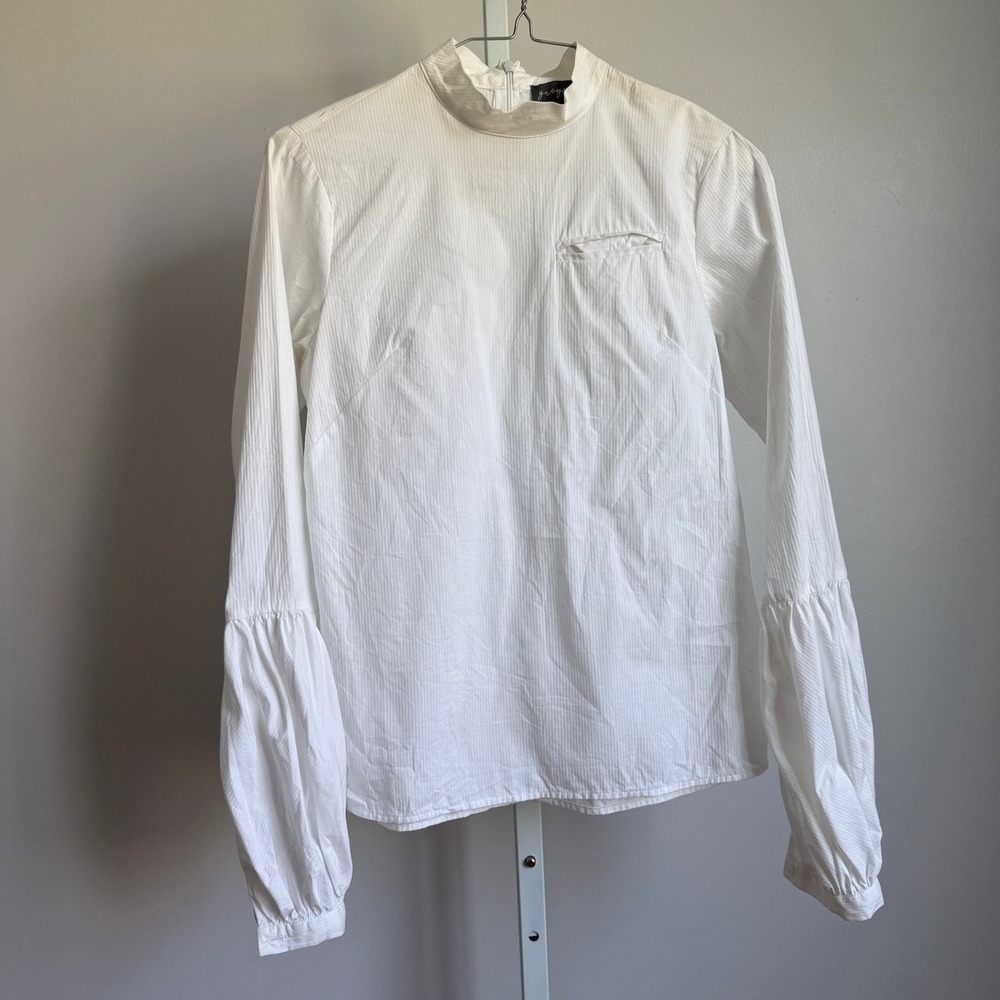 Greyson‎ White Pinstripe Mock Neck Long Sleeve Balloon Sleeve Blouse Top XS